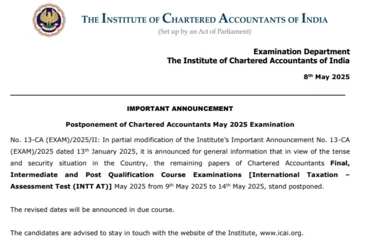 ભારત-પાકિસ્તાન તણાવ વચ્ચે CA પરીક્ષા મુલતવી રાખવામાં આવી, icai.org પર જુઓ સૌથી મહત્વપૂર્ણ અપડેટ્સ https://www.pravinews.com/education/icai-ca-exam-2025-postponed-due-to-india-pakistan-tension-check-icai-org-for-latest-update-124231